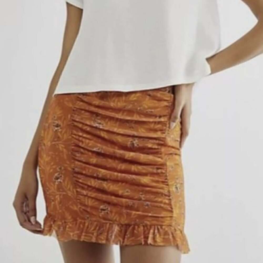 Free People Romi Mesh Mini Skirt Orange Floral Rushed Ruffle Festival Womens XS